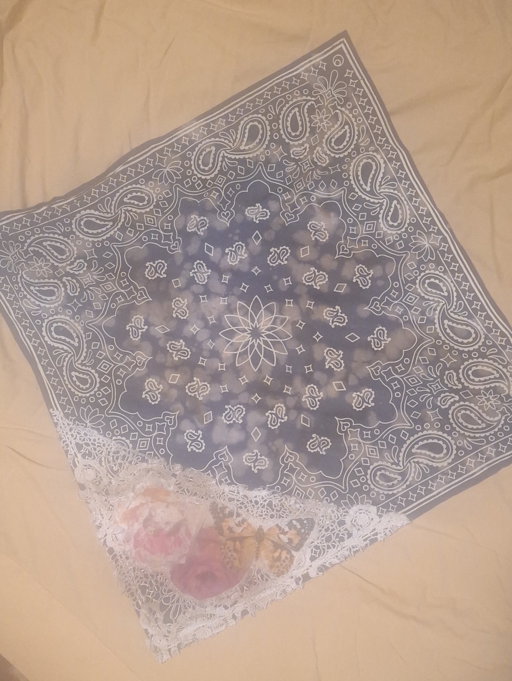 A RARE BIRD Blue Paisley Decorative Bandana Scarf With Roses And Buyterfly